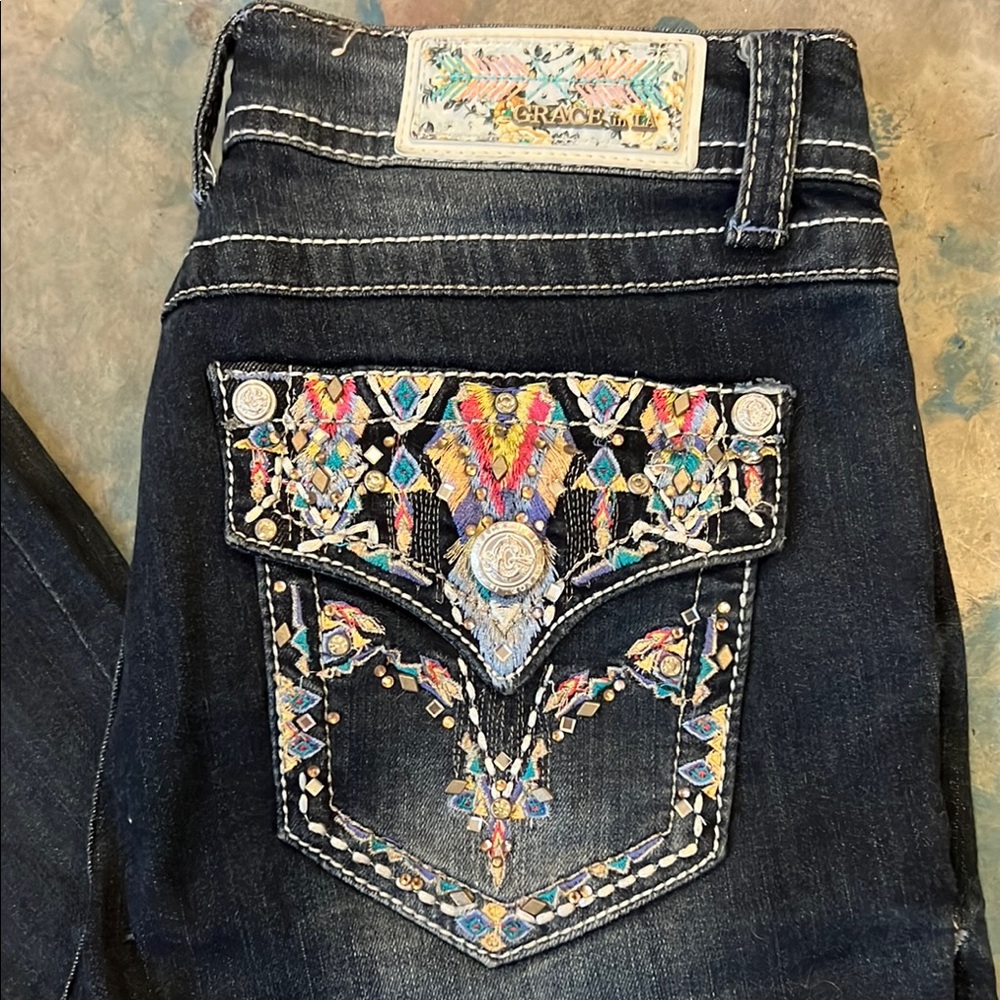 Grace in LA Blue Boot Cut Jeans with Embroidered Details